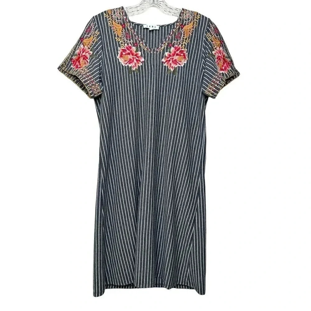 THML Anthropologie Embroidered Dress Cotton Grey Striped Floral Size Medium